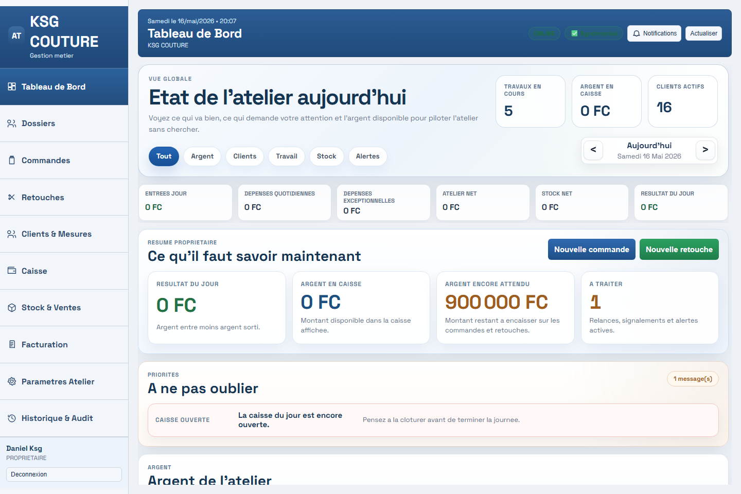 Dashboard propriétaire Atelier Pro