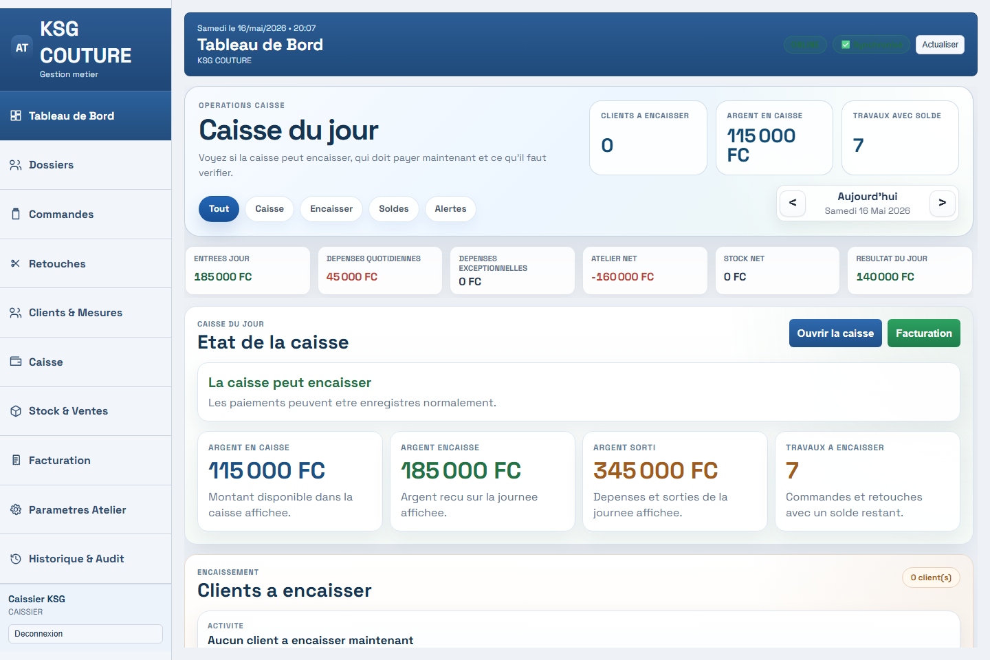 Dashboard caissier Atelier Pro