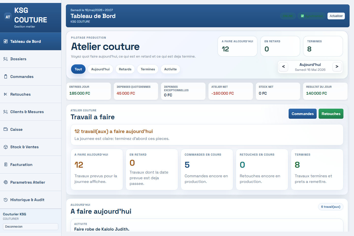 Dashboard couturier Atelier Pro