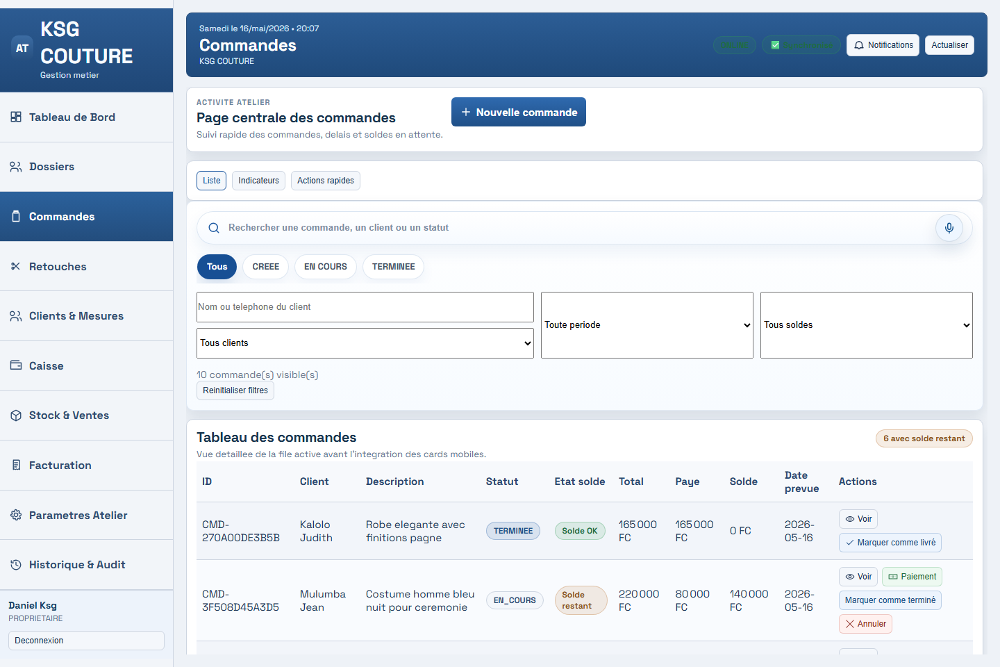 Gestion des commandes dans Atelier Pro