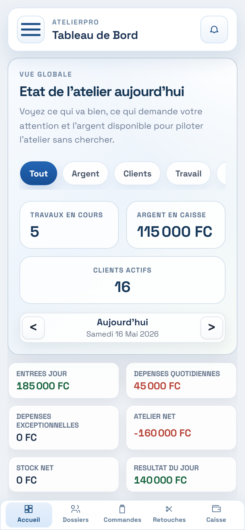 Dashboard propriétaire mobile Atelier Pro
