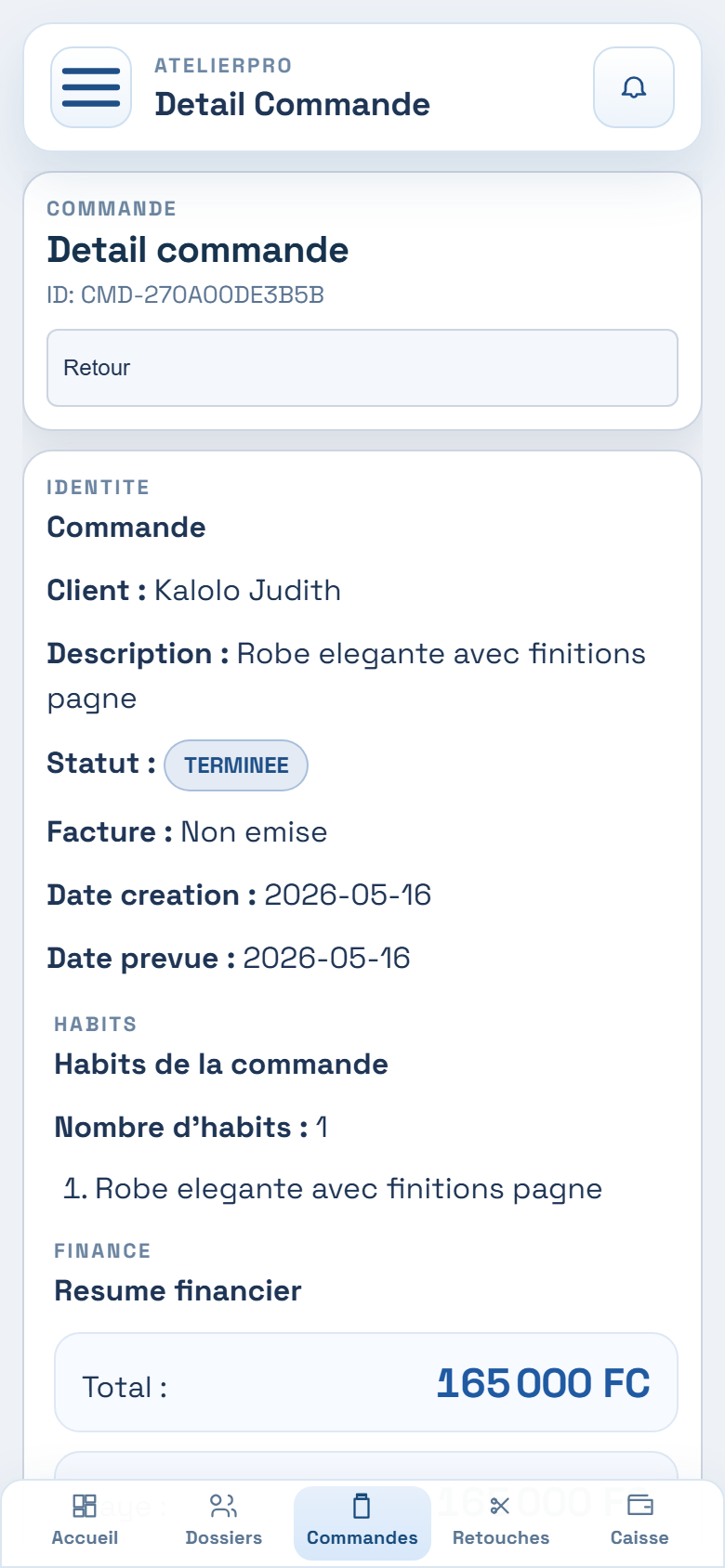 Détail commande mobile Atelier Pro