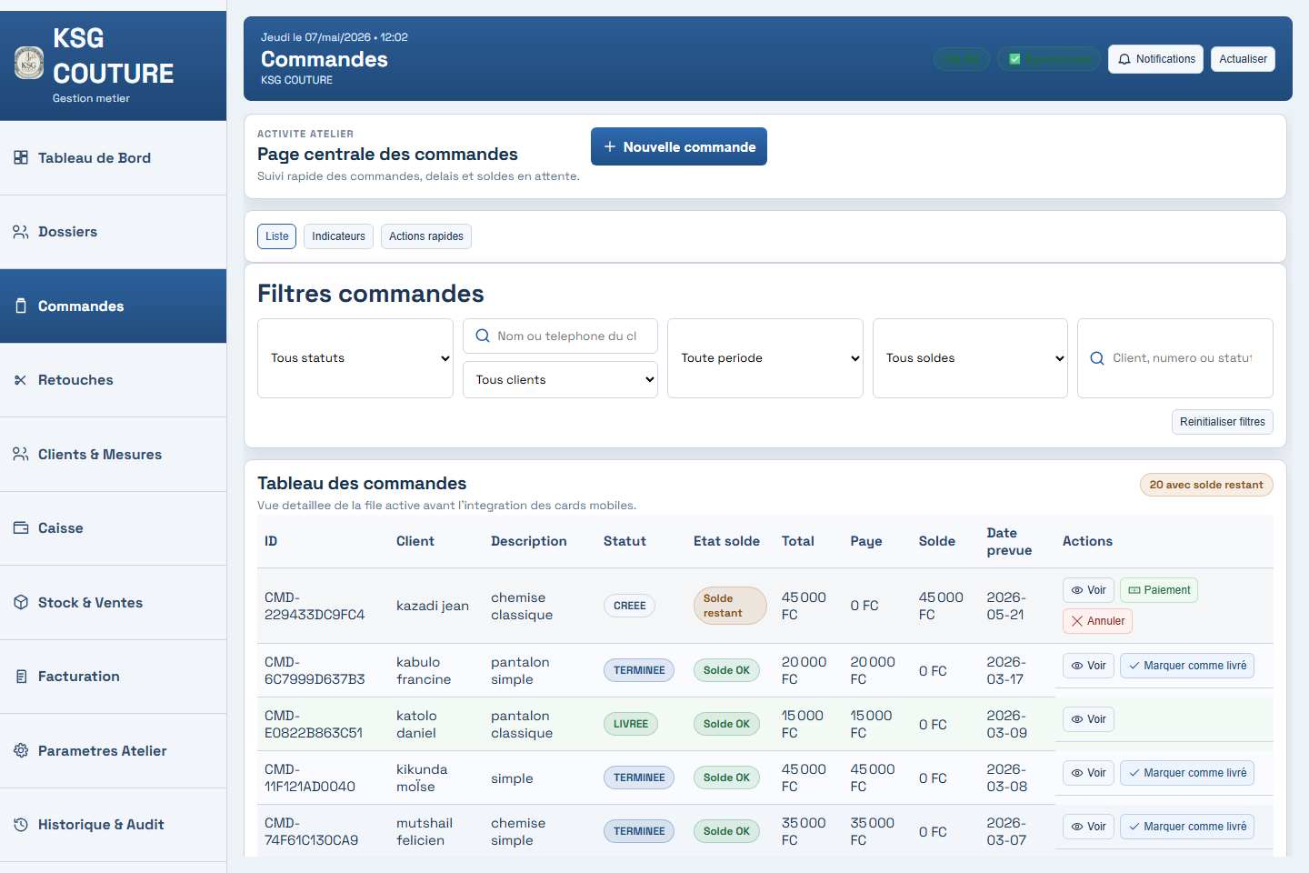 Gestion des commandes dans Atelier Pro