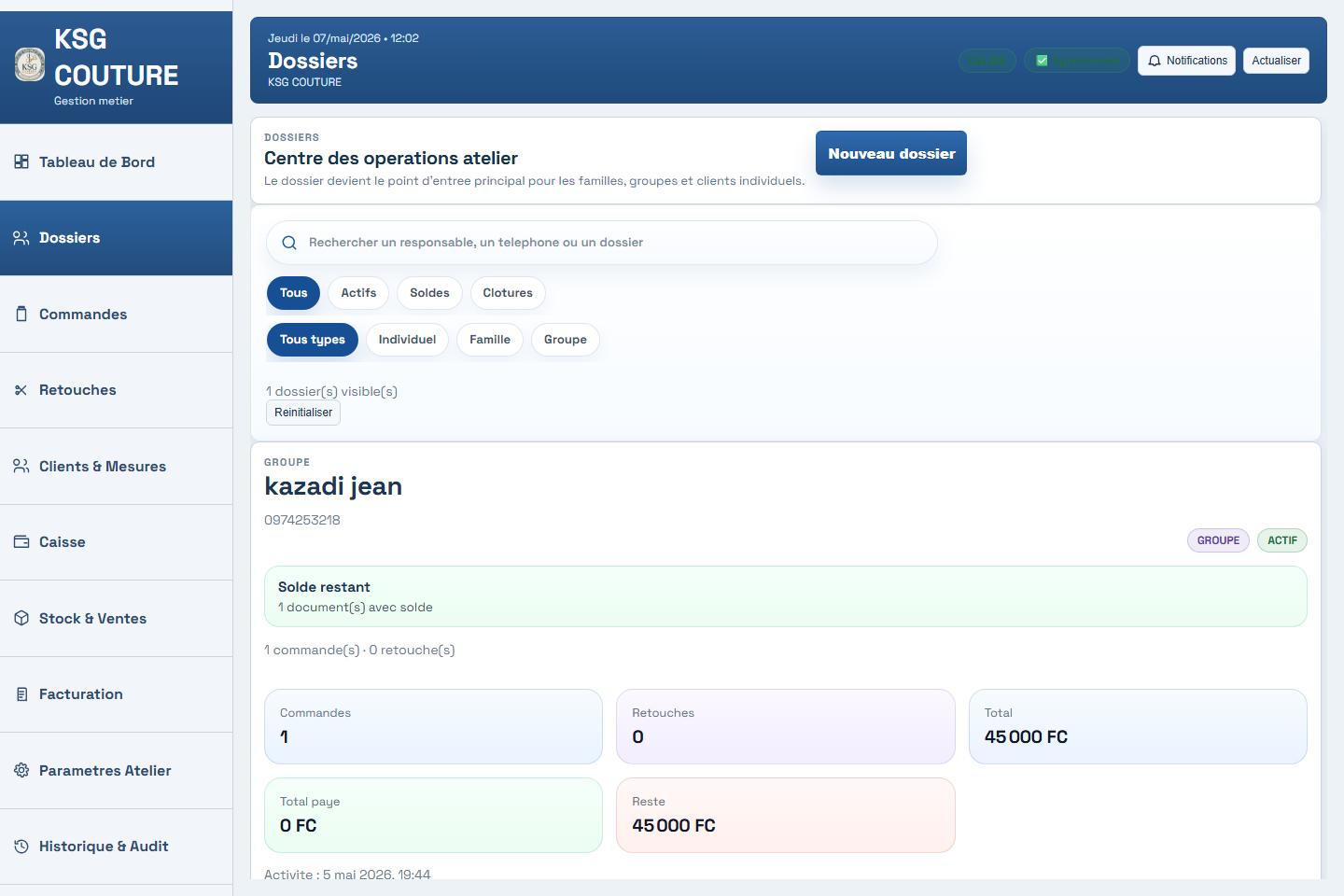 Dossiers clients et mesures dans Atelier Pro