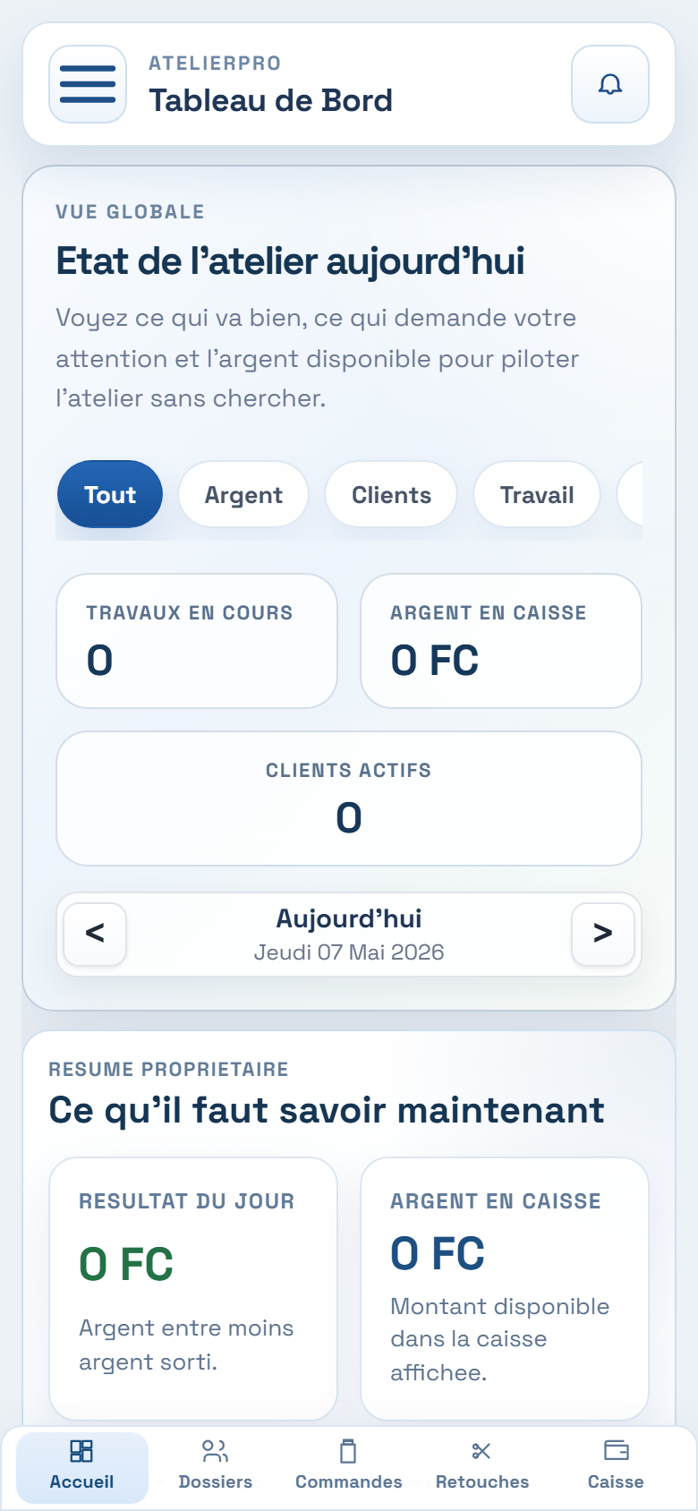 Tableau de bord mobile Atelier Pro