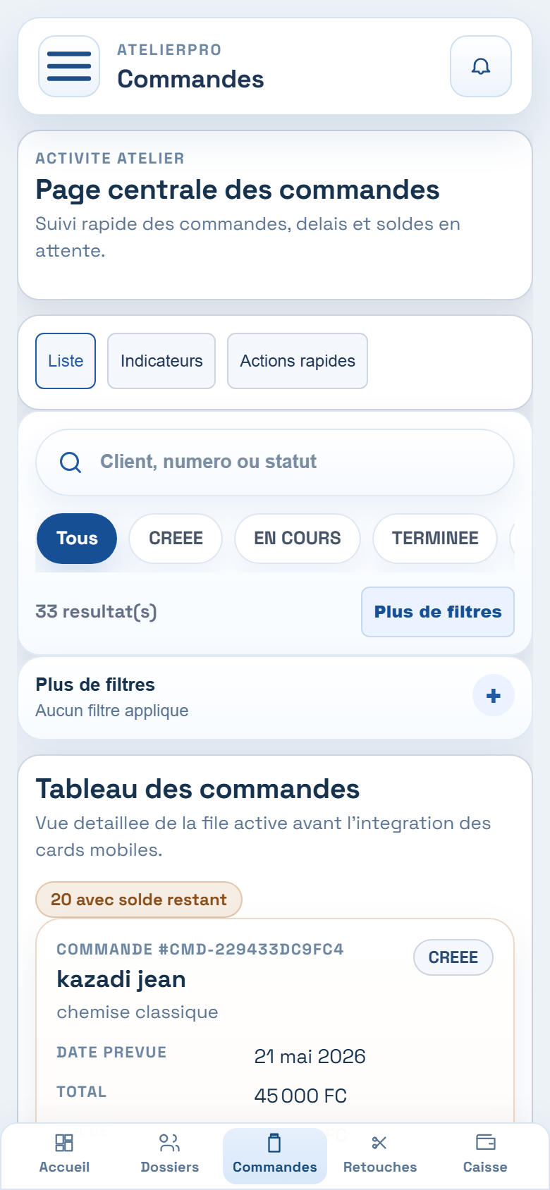 Interface mobile Atelier Pro
